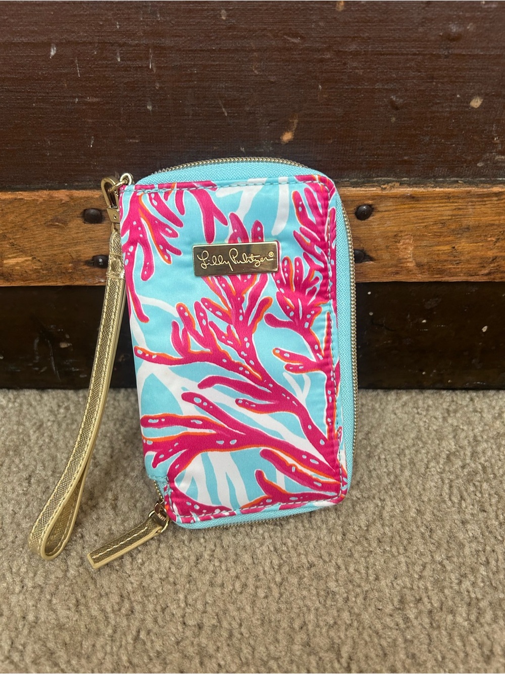 Lilly Pulitzer Teal & Hot Pink Coral Wristlet Phone Case with Gold Accents